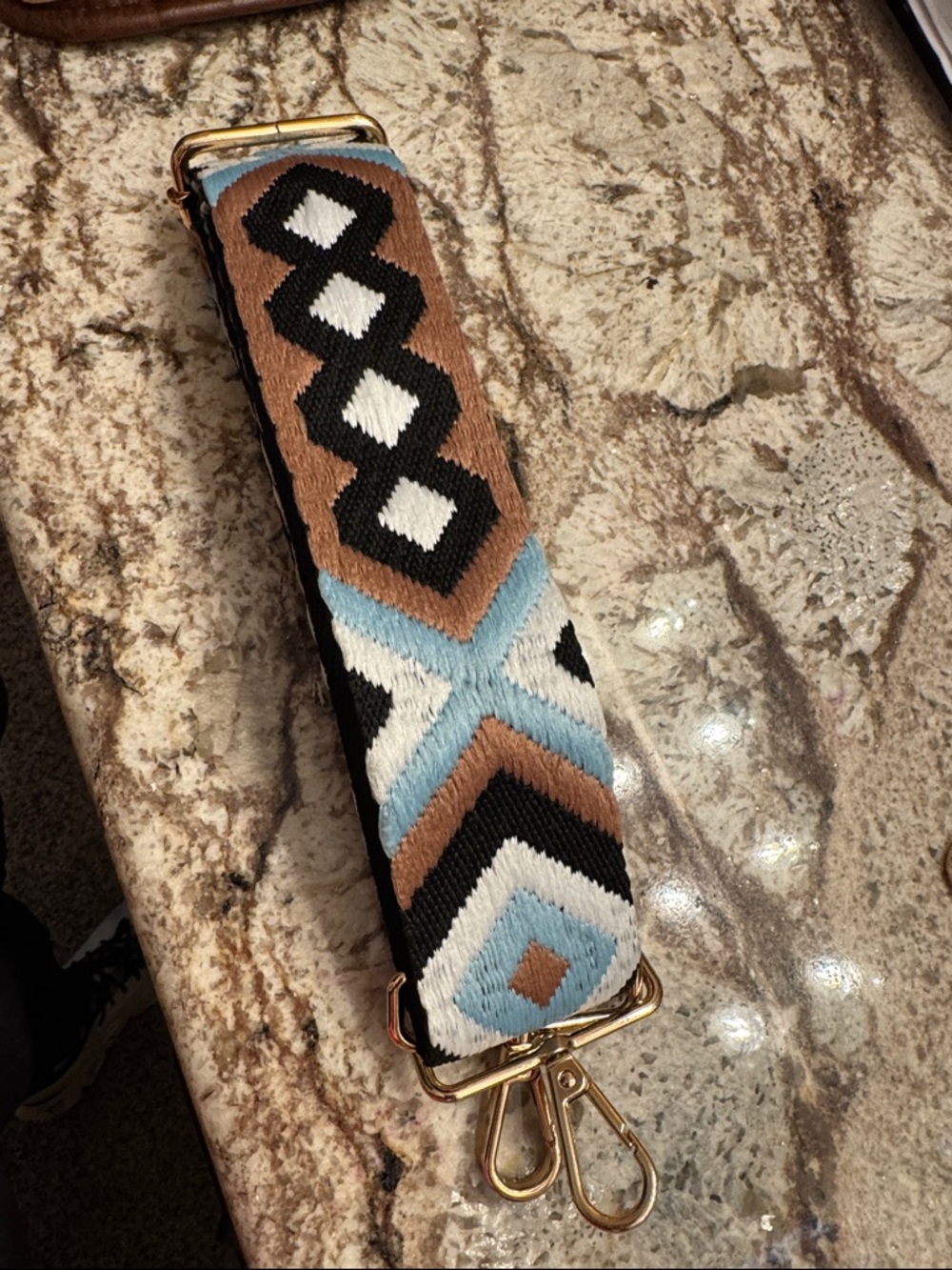 Geometric Woven Crossbody Strap in Brown, Black & Light Blue